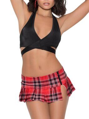 Red Plaid Pleated Micro Mini Skirt with Side Zipper